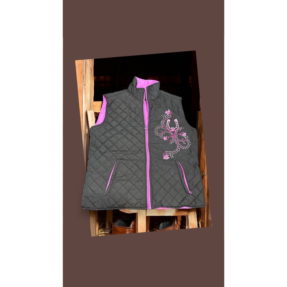 🔥Cowgirl 🤠 Hardware 🤎Brown & Pink Embroidered Flower Bling Quilted Vest Sz L